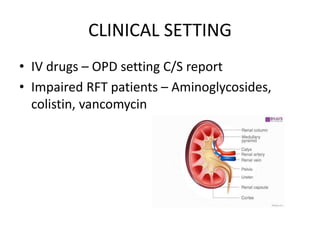 CLINICAL SETTING
• IV drugs – OPD setting C/S report
• Impaired RFT patients – Aminoglycosides,
colistin, vancomycin
 