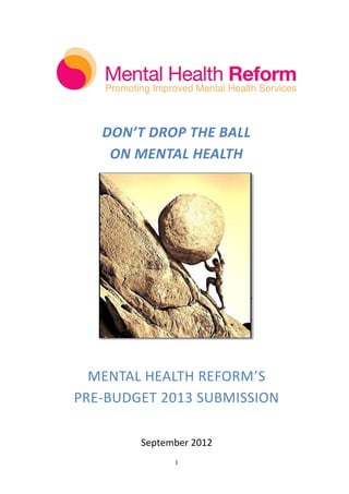 DON’T DROP THE BALL
    ON MENTAL HEALTH




  MENTAL HEALTH REFORM’S
PRE-BUDGET 2013 SUBMISSION

        September 2012
              1
 