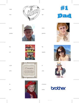 madre     padre




mom       dad




abuelo    abuela




grandpa   grandma




hijo      hija




son       daughter




cousin    tio




primo     uncle




tia       el hermano




aunt      brother




                       Avery 5371
 