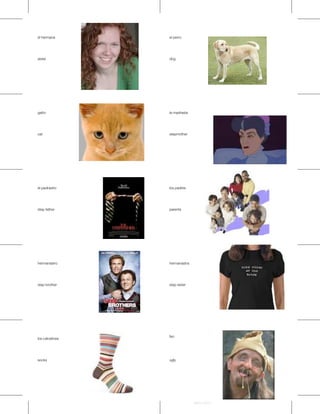 el hermana       el perro




sister           dog




gatto            la madrasta




cat              stepmother




el padrastro     los padres




step father      parents




hermanastro      hermanastra




step brother     step sister




                 feo
los calcetines




socks            ugly




                               Avery 5371
 