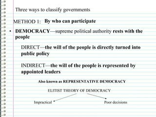 Three ways to classify governments DEMOCRACY —supreme political authority  rests with the people METHOD 1:  By who can participate  DIRECT— the will of the people is directly turned into public policy INDIRECT— the will of the people is represented by appointed leaders Also known as REPRESENTATIVE DEMOCRACY Impractical Poor decisions ELITIST THEORY OF DEMOCRACY 