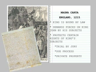 MAGNA CARTA ENGLAND, 1215 KING IS BOUND BY LAW DEMANDS FORCED ON KING JOHN BY HIS SUBJECTS PROTECTS CERTAIN RIGHTS OF KING’S SUBJECTS TRIAL BY JURY DUE PROCESS PRIVATE PROPERTY 