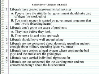 Conservatives’ Criticisms of Liberals Liberals have created a governmental monster A. People have the attitude that government should take care of them (no work ethic) B. Too much money is wasted on government programs that don’t work (bleeding hearts) Liberals don’t get to the cause of problems A. They leap before they look B. They use a hit and miss approach Liberals should leave well enough alone Liberals are too concerned about domestic spending and not enough about military spending (guns vs. butter) Liberals have created a legal system where cops are the bad guys and the crooks are the good guys Liberals have carried individual rights too far Liberals are too concerned for the working man and not concerned enough about the businessman 