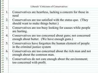 Liberals’ Criticisms of Conservatives Conservatives are heartless, lacking a concern for those in need Conservatives are too satisfied with the status quo.  (They should want to make things better.) Conservatives are too busy looking for causes while people are hurting. Conservatives are too concerned about guns; not concerned enough about butter.  (We have enough guns.) Conservatives have forgotten the human element of people in the criminal justice system Conservatives are too concerned about the rich man and not enough about the common man. Conservatives do not care enough about the environment; too concerned with profit. 