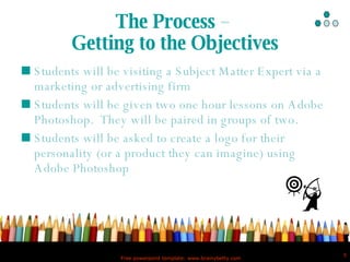 The Process  –  Getting to the Objectives Students will be visiting a Subject Matter Expert via a marketing or advertising firm Students will be given two one hour lessons on Adobe Photoshop.  They will be paired in groups of two.  Students will be asked to create a logo for their personality (or a product they can imagine) using Adobe Photoshop  