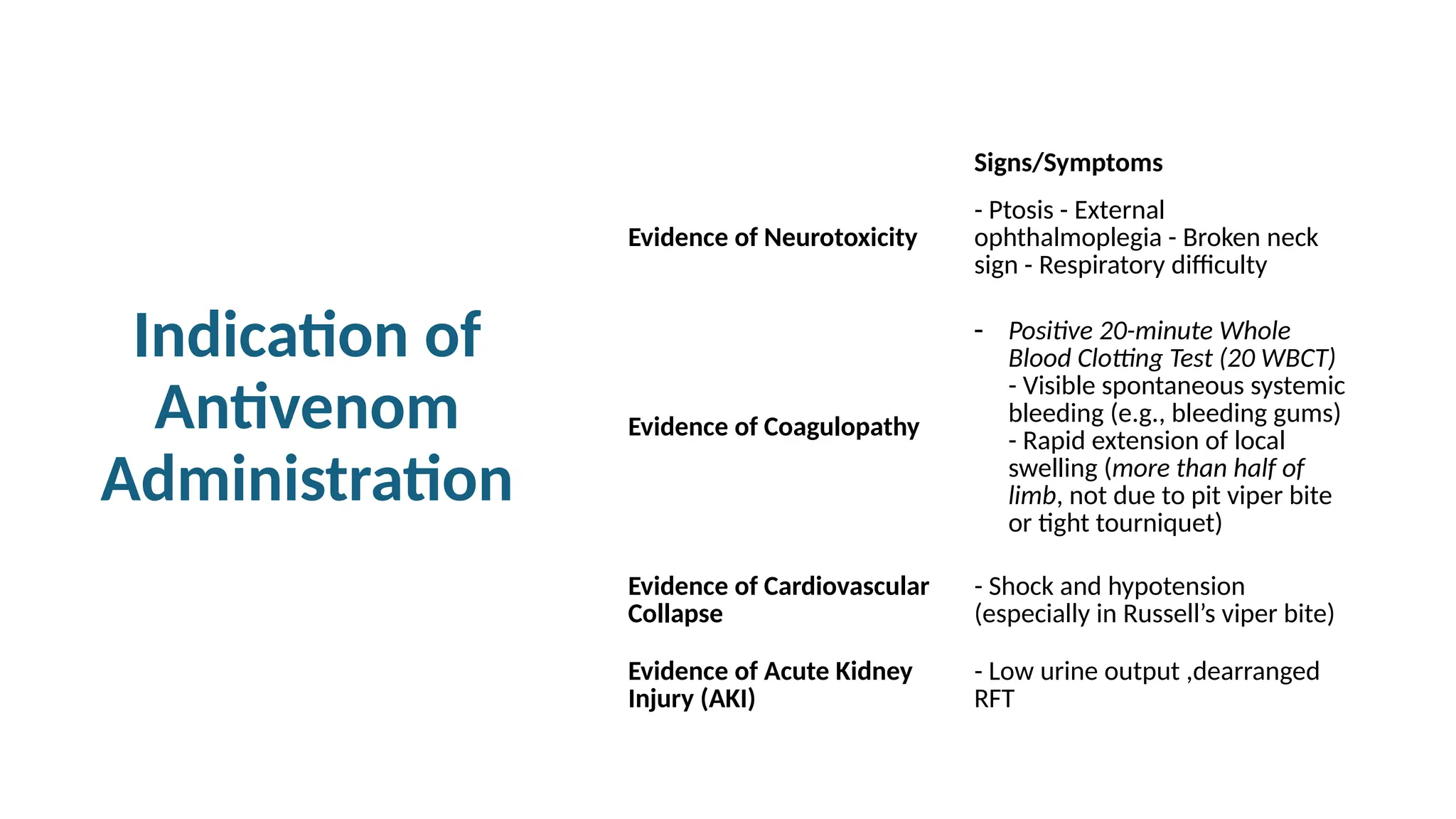 Indication of
Antivenom
Administration
Signs/Symptoms
Evidence of Neurotoxicity
- Ptosis - External
ophthalmoplegia - Broken neck
sign - Respiratory difficulty
Evidence of Coagulopathy
- Positive 20-minute Whole
Blood Clotting Test (20 WBCT)
- Visible spontaneous systemic
bleeding (e.g., bleeding gums)
- Rapid extension of local
swelling (more than half of
limb, not due to pit viper bite
or tight tourniquet)
Evidence of Cardiovascular
Collapse
- Shock and hypotension
(especially in Russell’s viper bite)
Evidence of Acute Kidney
Injury (AKI)
- Low urine output ,dearranged
RFT
 