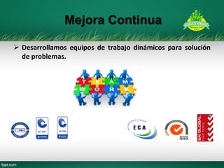 Desarrollamos equipos de trabajo dinámicos para solución de problemas. 
Mejora Continua  