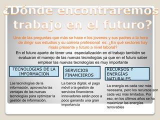 Una de las preguntas que más se hace n los jovenes y sus padres a la hora
de dirigir sus estudios y su carrera profesional es: ¿En qué sectores hay
maás presente y futuro a nivel laboral?
En el futuro aparte de tener una especialización en el trabajo también se
evaluaran el manejo de las nuevas tecnologías ya que en el futuro saber
emplear las nuevas tecnologías es muy importante
TECNOLOGIAS DE LA
IMFORMACION
Las tecnologías de la
información, aprovecha las
ventajas de las nuevas
tecnologías para optimizar la
gestión de información.
SERVICIOS
FINANCIEROS
La banca digital, el pago
móvil o la gestión de
servicios financieros
innovadores están poco a
poco ganando una gran
importancia
La energía es cada vez más
necesaria, pero los recursos son
cada vez más limitados. Por
eso, en los últimos años se ha
maximizar las energías
renovables
RECURSOS Y
ENERGÍAS
NATURALES
 