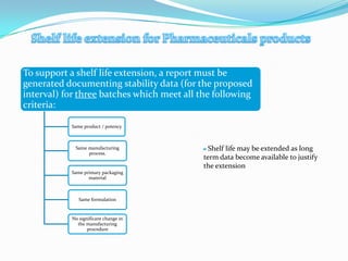 To support a shelf life extension, a report must be
generated documenting stability data (for the proposed
interval) for three batches which meet all the following
criteria:

           Same product / potency



            Same manufacturing                Shelf life may be extended as long
                 process.
                                            term data become available to justify
                                            the extension
           Same primary packaging
                  material



              Same formulation


           No significant change in
             the manufacturing
                  procedure
 