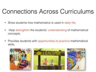 Connections Across Curriculums
• Show students how mathematics is used in daily life,
• Help strengthen the students’ understanding of mathematical
concepts
• Provides students with opportunities to practice mathematical
skills.
 