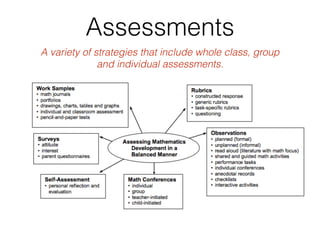 Assessments
A variety of strategies that include whole class, group
and individual assessments.
 