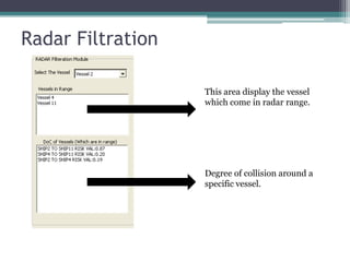 Radar Filtration
This area display the vessel
which come in radar range.
Degree of collision around a
specific vessel.
 