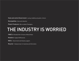 State and central Government- Losing credibility and public criticism

Muncipalities- Costs and reduction

Plastic Producers- Ban on plastic Packaging



THE INDUSTRY IS WORRIED
FMGC’s- Branded litter= Erosion of Brand Value

Retailers- Supply Infefficiencies

NGO’s - Government and Industry support.

Recycler - Steady stream of materials and Information.
 