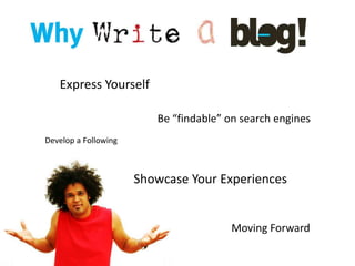 Express YourselfBe “findable” on search enginesDevelop a FollowingShowcase Your ExperiencesMoving Forward