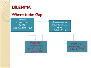 DILEMMA  Farmer Wheat  Cost Rs. 492  Sales  Rs.  600  -  800 Where is the Gap  Government  to Flour  Purchase  Rs.950 Sale Rs 2710 Middle Man  (Arti) Purchase  Rs. 600  -  800  Sale  Rs. 950 Mill Owner  Purchas Rs. 2710 Sales  Rs. 2750 