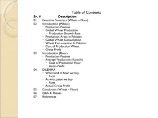 Table of Contents Sr. # Description 01 Executive Summary (Wheat – Flour) 02 Introduction (Wheat) Production Process Global Wheat Production  Production Growth Rate  Production Areas in Pakistan Global Wheat Consumption  Wheat Consumption In Pakistan Cost of Production Wheat Gross Profit  03 Introduction (Flour) Production Process Average Production (Karachi) Cost of Production Flour Gross Profit 04 DILEMMA What kind of flour we buy Facts At what price we buy Facts Actual Gross Profit 05 Conclusion (Wheat – Flour) 06 Q&A & Thanks 07 References  