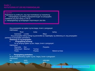 Aralin 1  KATUTURAN AT URI NG PANGNGALAN Layunin Pagkatapos ng araling ito, ang mga mambabasa ay inaasahang: makapagbigay ng sariling pagpapakahulugan sa pangngalan; mailalahad ang iba’t ibang uri nito at 2. makapagbabagi ng karagdagan impormasyon ukol dito.  Ang  pangngalan  ay ngalan ng tao,bagay, lunan o pangyayari. Halimbawa: Rizal kotse bahay kaarawan Luneta Mayo Ang pangngalan bilang bahagi ng pananalita ay nagtataglay ng dalawang uri; ang pangngalan pantangi at pangngalan pambalana. Dalawang uri ng pangngalan Pangngalang pantangi Ito ay tanging ngalan ng tao, bagay, lunan o pangyayari. Halimbawa: Reynolds Ken Perpekto Halayhayin Batuhan Tunhac Pasko Piyesta Mahal na Araw Pangngalang pambalana Ito ay pangkalahatang ngalan ng tao, bagay, lunan o pangyayari. Halimbawa: tao party palengke kaibigan doktor guro Nakaraan Susunod Talaan   ng   Nilalaman 