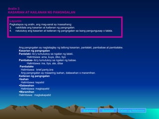 Aralin 3 KASARIAN AT KAILANAN NG PANGNGALAN Ang pangngalan ay nagtataglay ng tatlong kasarian, panlalaki, pambabae at pambalake. Kasarian ng pangngalan Panlalaki-  ito’y tumutukoy sa ngalan ng lalaki. Halimbawa: ama, kuya, diko, tiyo Pambabae-  ito’y tumutukoy sa ngalan ng babae. Halimbawa: ina, tiya, ate, ditse Pambalake Halimbawa:  brief,panty,bra Ang pangngalan ay maaaring isahan, dalawahan o maramihan. Kailanan ng pangngalan Isahan Halimbawa: kapatid Dalawahan Halimbawa: magkapatid Maramihan Halimbawa:  magkakapatid Nakaraan Susunod Talaan   ng   Nilalaman Layunin Pagkatapos ng aralin, ang mag-aaral ay inaasahang: nakikilala ang kasarian at kailanan ng pangngalan. natutukoy ang kasarian at kailanan ng pangngalan sa isang pangungusap o talata. 