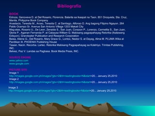 Bibliografia BOOK Edroza, Genoveva D. at Del Rosario, Florencia. Balarila sa Ikaapat na Taon. 851 Oroquieta, Sta. Cruz, Manila. Philippine Book Company Anastacio, Teresita M., Arceo, Teresita C. at Santiago, Alfonso O. Ang bagong Filipino Ngayon. 264 Pablo Ocampo Sr. Avenue San Antonio Village 1203 Makati City Mag-atas, Rosario U., De Leon, Zenaida S., San Juan, Corazon P., Lorenzo, Carmelita S., San Juan, Gloria P., Aganan Fernanda P. at Cabaysa William G. Mabisang pagpapahayag Retorika (Ikalawang Edisyon). Grandwater Publication and Research Corporation Baisa, Ailene G., Del Rosario, Mary Grace G., Lontoc, Nestor S. at Dayag, Alma M. PLUMA Wika at Panitikan III. PHOENIX Publishing House Tawan. Nacin. Recorba. Lartec. Retorika Mabisang Pagpapahayag sa Kolehiyo. Trinitas Publishing, INC. Belvez, Paz V. Landas sa Pagbasa. Book Media Press, INC. SOURCE ENGINE www.yahoo.com www.google.com PICTURE SITE Image 1 http:// images.google.com.ph/images?gbv =2&hl= readingbooks = N&start =20 ... January 25,2010 Image 2 http:// images.google.com.ph/images?gbv =2&hl= readingbooks = N&start =20 ... January 25,2010 Image 3 http:// images.google.com.ph/images?gbv =2&hl= readingbooks = N&start =20 ... January 25,2010 