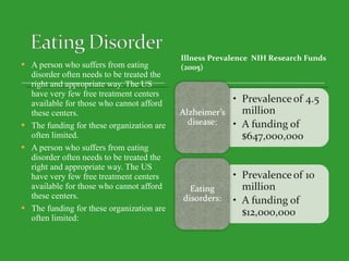 A person who suffers from eating disorder often needs to be treated the right and appropriate way. The US have very few free treatment centers available for those who cannot afford these centers. The funding for these organization are often limited. A person who suffers from eating disorder often needs to be treated the right and appropriate way. The US have very few free treatment centers available for those who cannot afford these centers. The funding for these organization are often limited: Illness Prevalence  NIH Research Funds (2005) 