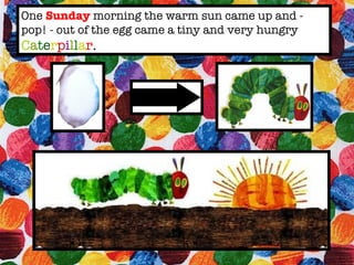 One Sunday morning the warm sun came up and - pop! - out of the egg came a tiny and very hungry C a t e r p i l l a r .