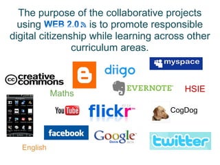 The purpose of the collaborative projects using                 is to promote responsible digital citizenship while learning across other curriculum areas. CogDog HSIE Maths English 