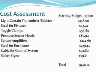 Safety EnclosureComply with industrial safety standardsRequirement to run robot in full speed automatic modeManage safety hazardsFlash screens shield bystanders  from weld flashLight curtain and door interlock prevents entry into cell while robot operatingEnclosure is NOT a substitute for PPE 