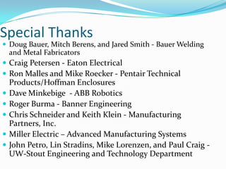 Cost AssessmentStarting Budget - $1000Light Curtain Transmitter/Emitter -                            $158.00Steel for Fixtures -                                                           $43.22Toggle Clamps -                                                               $56.82Pressure Sensor Heads -                                                 $87.94Sensor Amplifiers -                                                          $222.60Steel for Enclosure -                                                        $239.14Cable for Control System-                                              $72.80Safety Signs -                                                                   $59.6										Total -            $940.12        