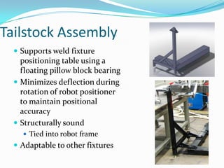 Tailstock AssemblySupports weld fixture positioning table using a floating pillow block bearingMinimizes deflection during rotation of robot positioner to maintain positional accuracyStructurally soundTied into robot frame  Adaptable to other fixtures