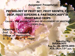An          Assignment Presentation  OnPhysiology of fruit set, fruit growth, fruit drop, fruit ripening & Parthenocarpy in vegetable crops   Course –  VSC 504 GROWTH AND DEVELOPMENT OF VEGETABLE CROPS (2+1)Submitted To,  Prof. J. R. Vadodaria  College of Horticulture,  S. D. A. U., S. K. Nagar                                                                                                                                        Submitted By,                                                                                                   SUGANI DEVI                                                                                           Reg.No.-04-00772-2010                                                                                              M.Sc.(Hort.) 2nd  sem.