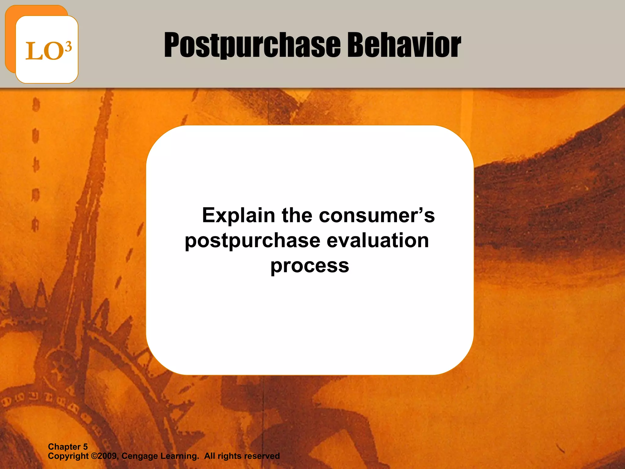 Postpurchase Behavior Explain the consumer’s  postpurchase evaluation  process LO 3 