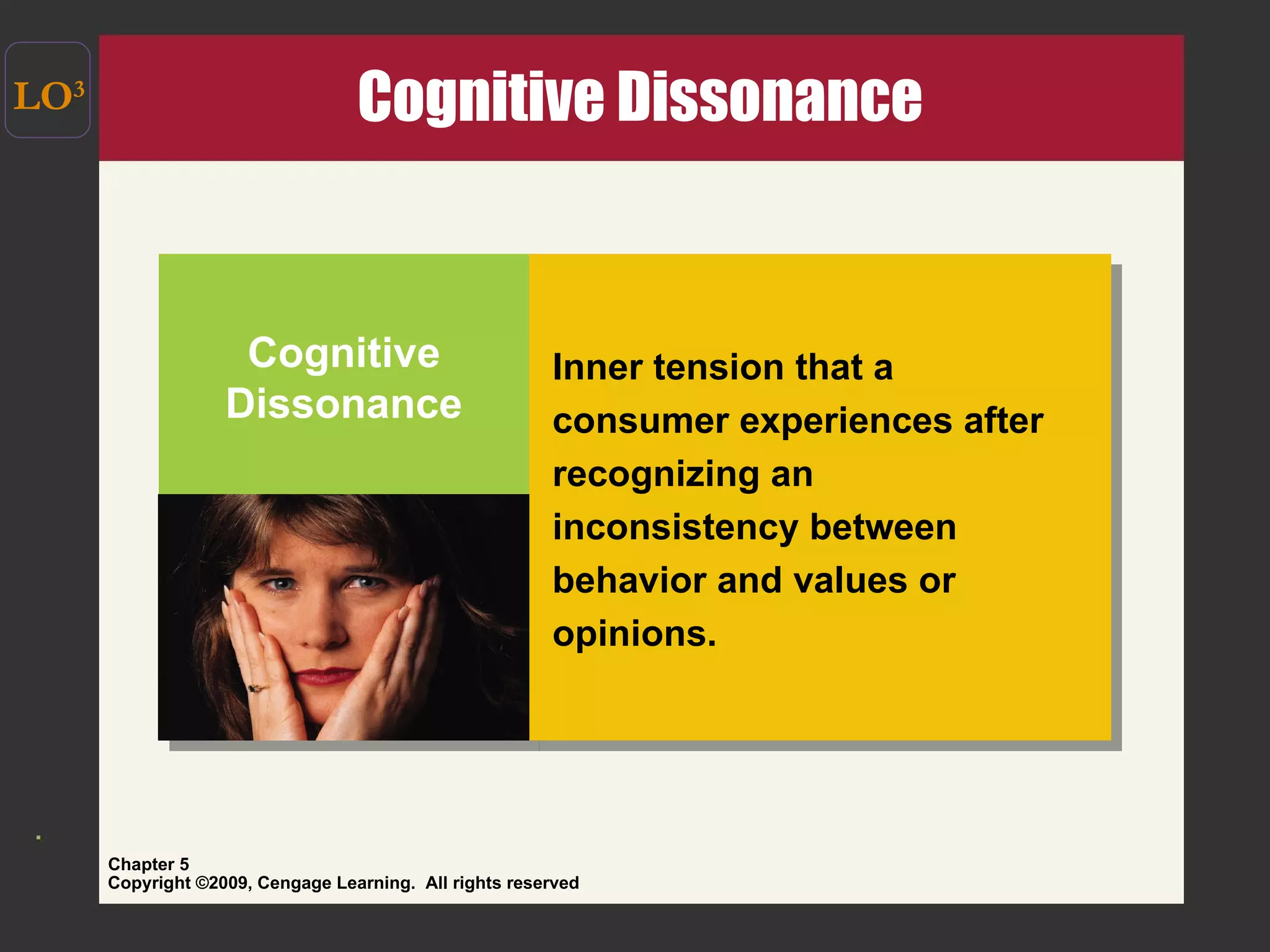 Cognitive Dissonance LO 3 Cognitive Dissonance Inner tension that a consumer experiences after recognizing an inconsistency between behavior and values or opinions. 