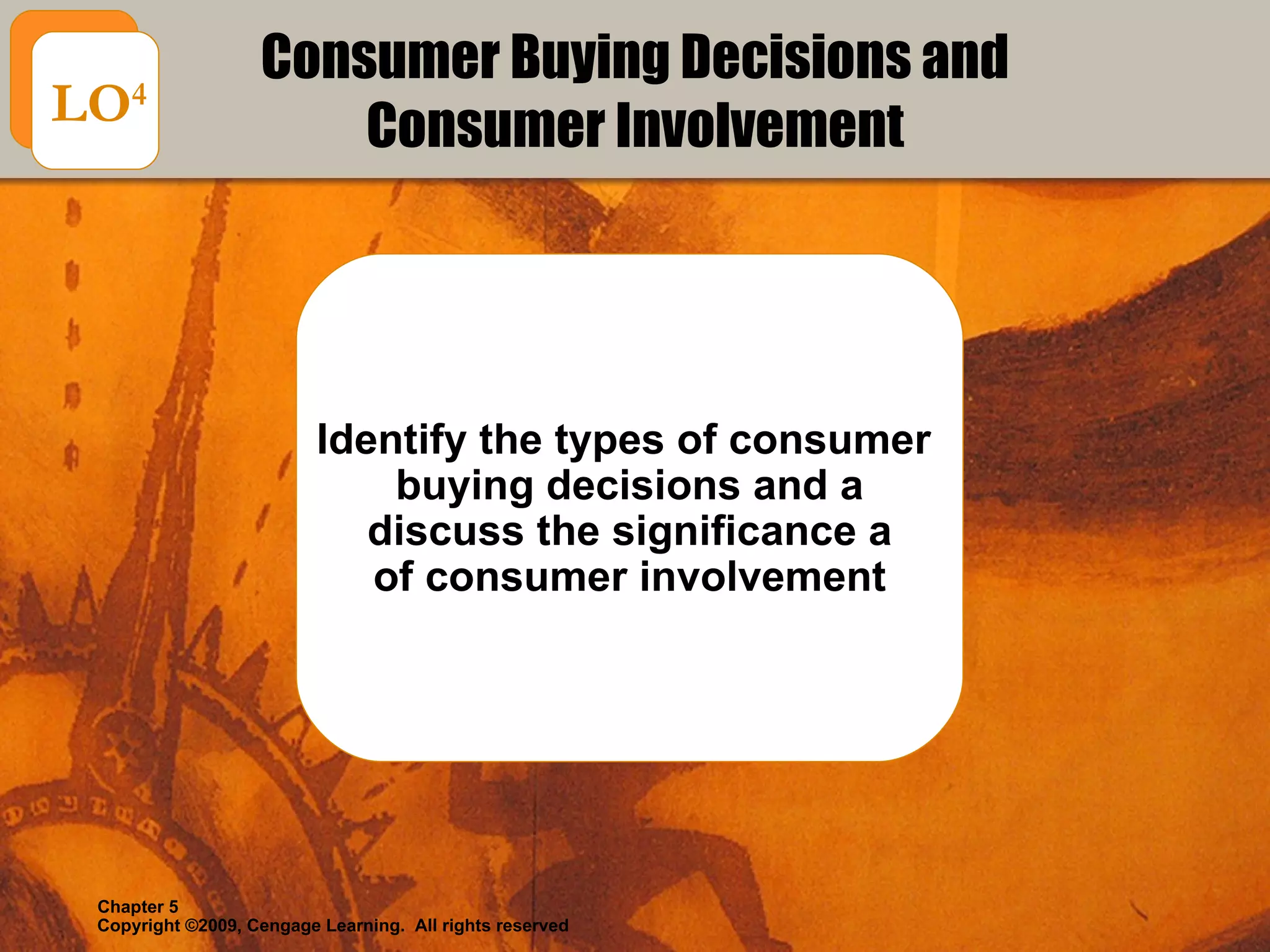 Consumer Buying Decisions and Consumer Involvement Identify the types of consumer  buying decisions and a discuss the significance a of consumer involvement LO 4 
