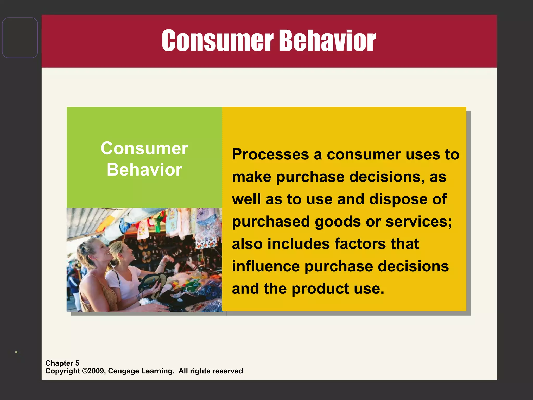 Consumer Behavior Consumer Behavior Processes a consumer uses to make purchase decisions, as well as to use and dispose of purchased goods or services; also includes factors that influence purchase decisions and the product use. 