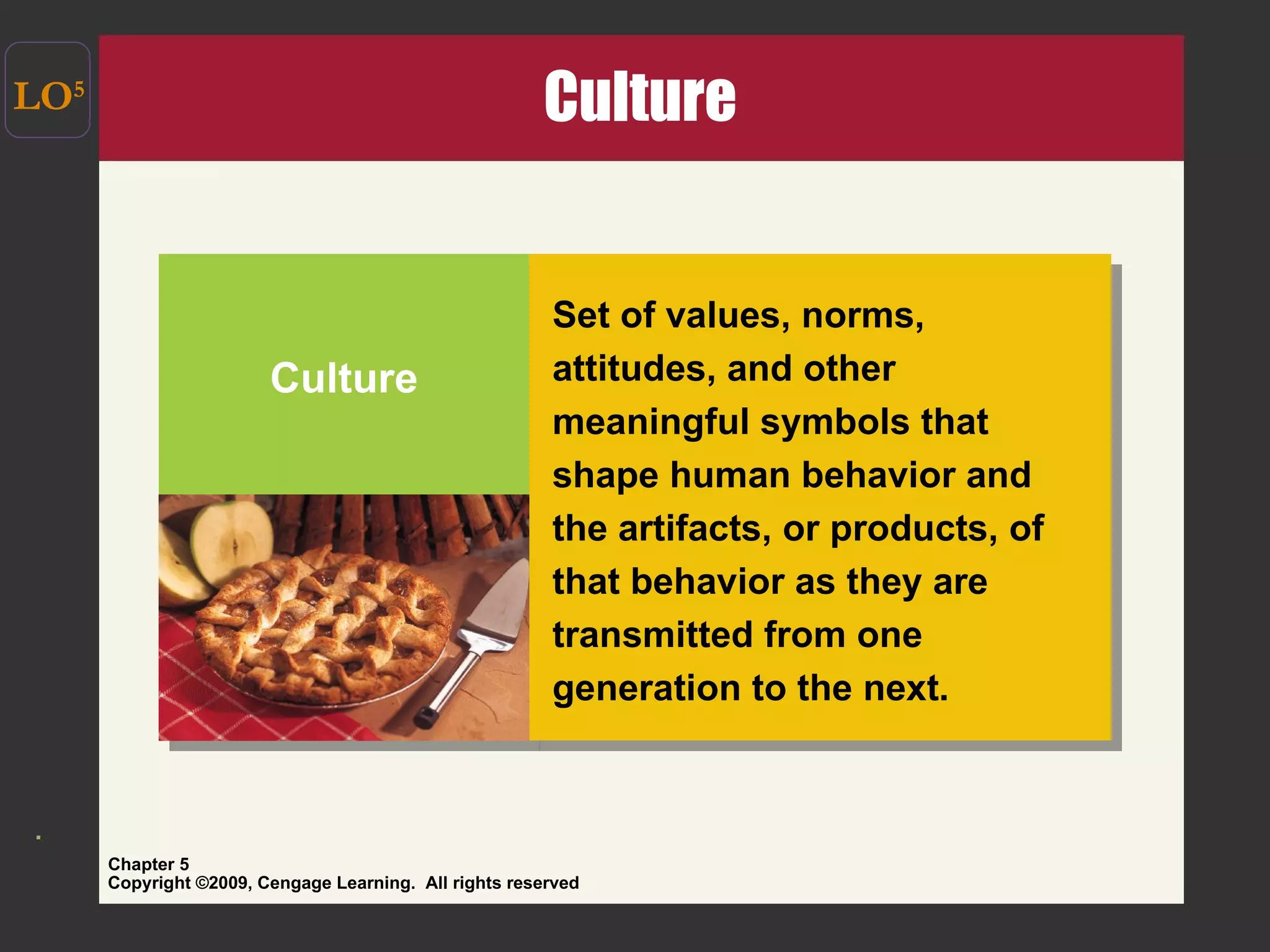 Culture LO 5 Culture Set of values, norms, attitudes, and other meaningful symbols that shape human behavior and the artifacts, or products, of that behavior as they are transmitted from one generation to the next. 