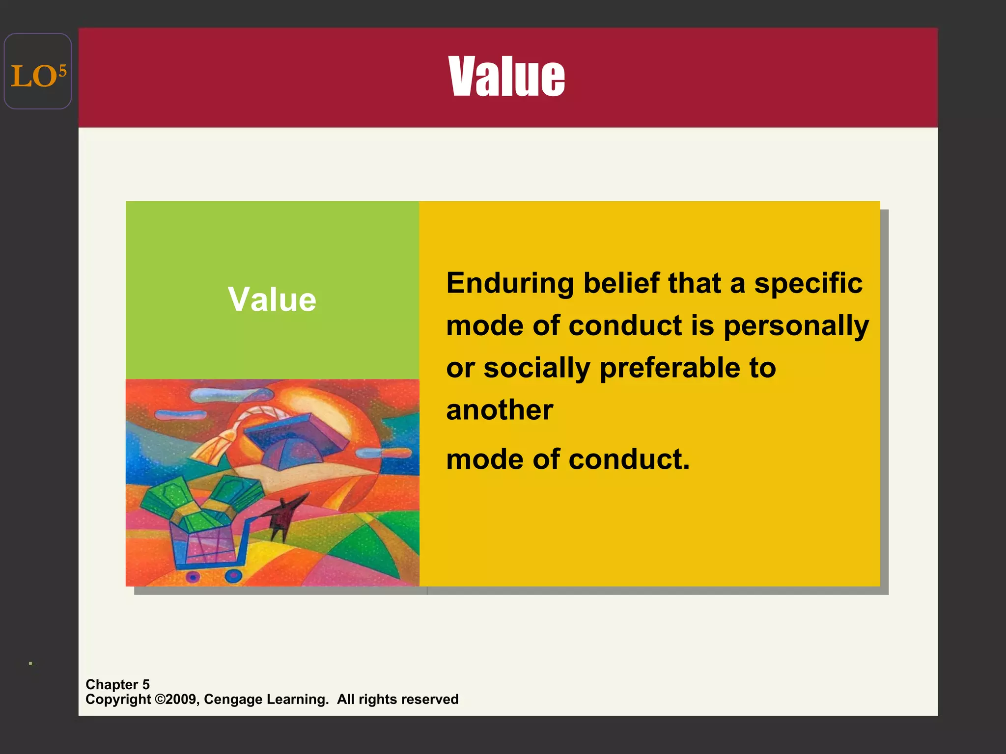 Value LO 5 Value Enduring belief that a specific mode of conduct is personally or socially preferable to another  mode of conduct. 