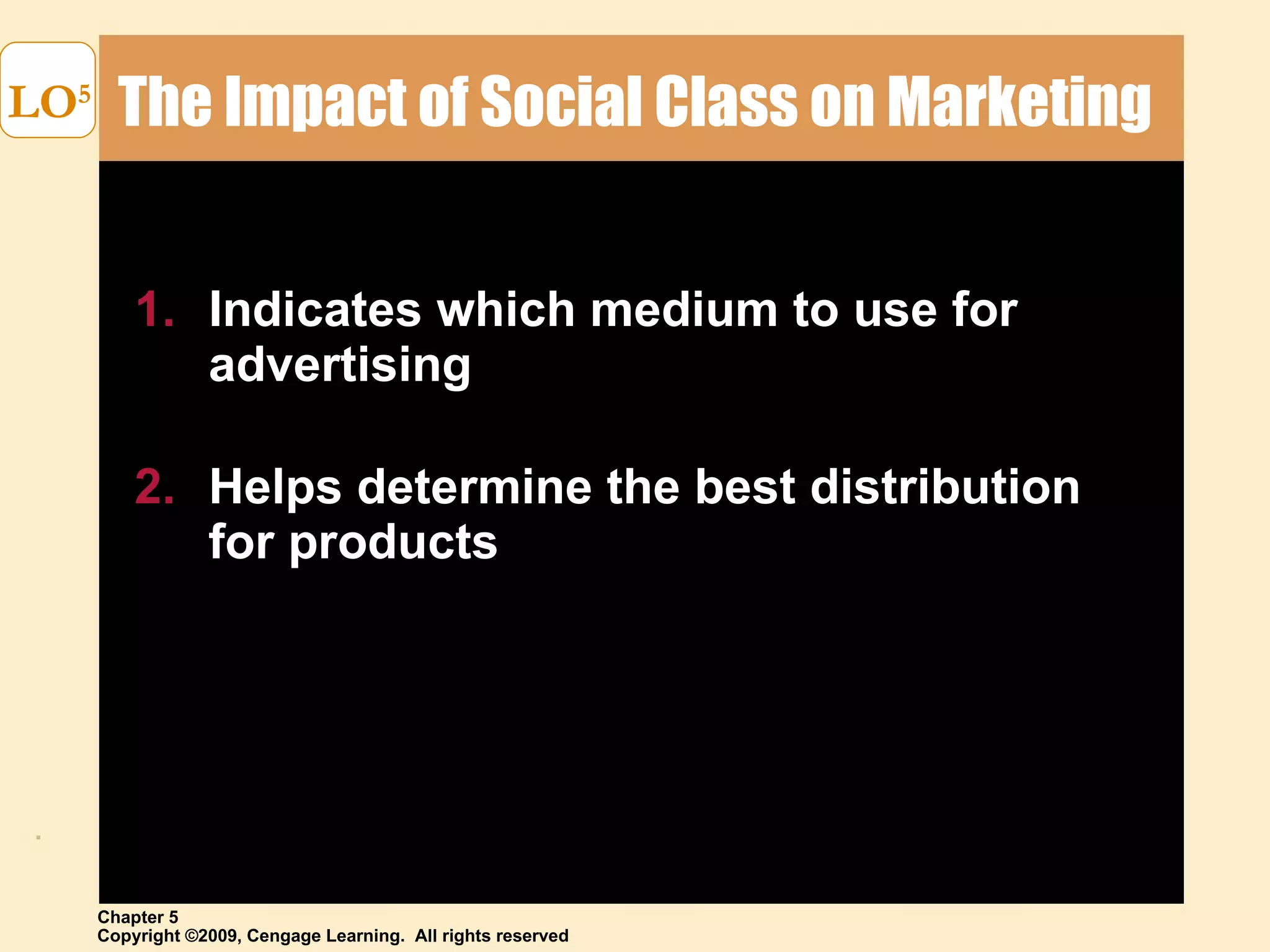 The Impact of Social Class on Marketing Indicates which medium to use for advertising Helps determine the best distribution  for products LO 5 
