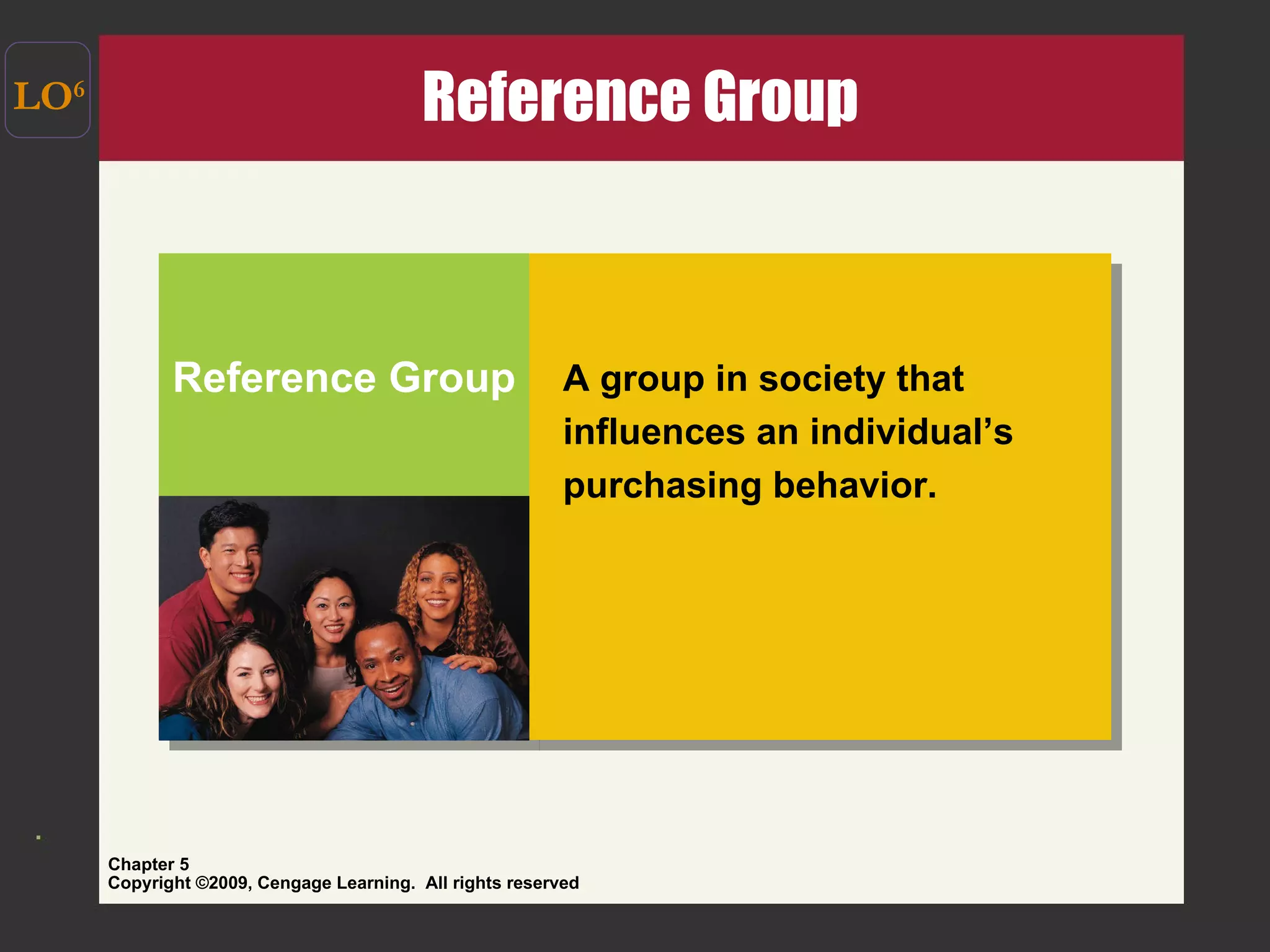 Reference Group LO 6 Reference Group A group in society that influences an individual’s purchasing behavior. 