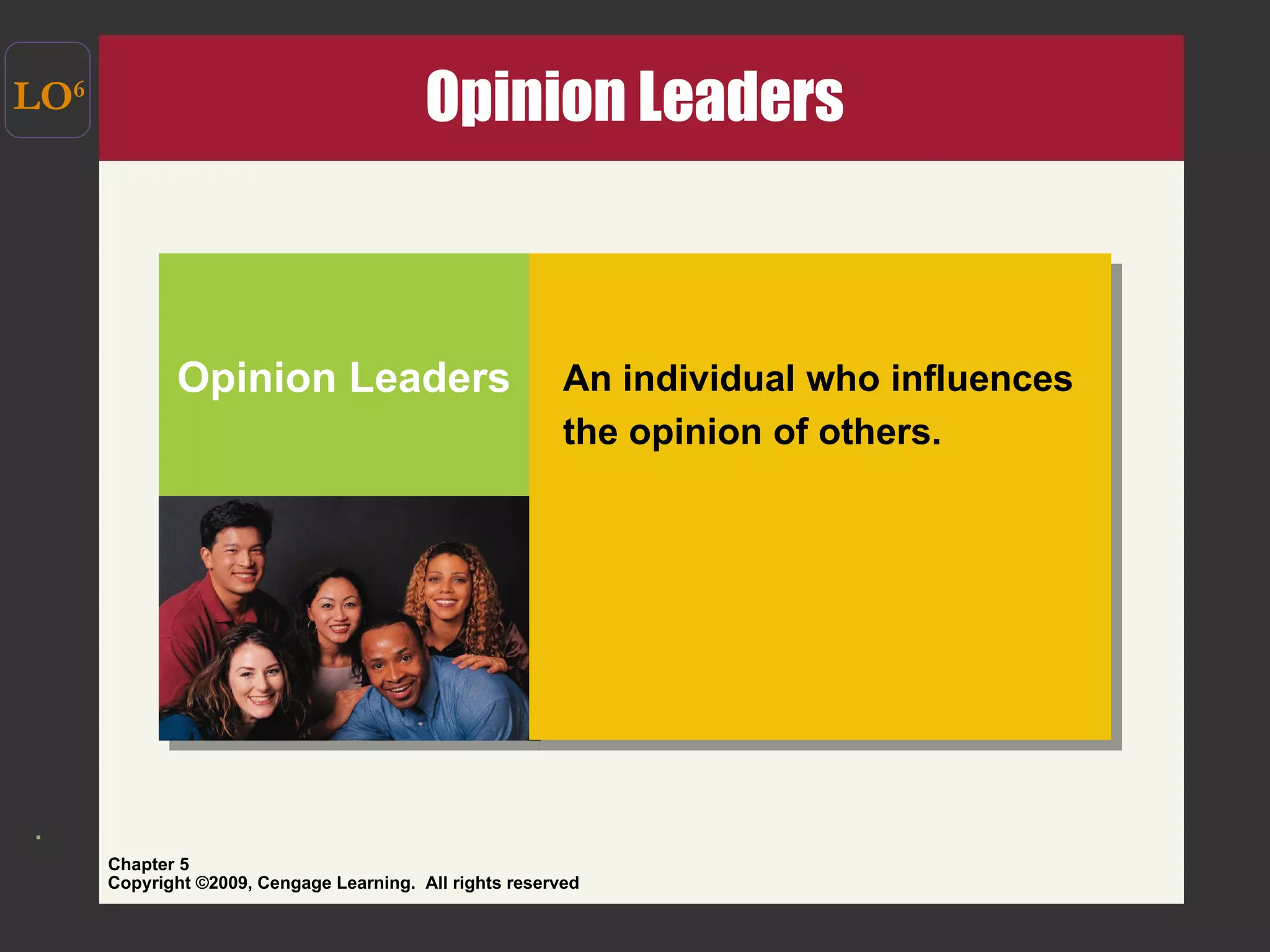Opinion Leaders  LO 6 An individual who influences  the opinion of others. Opinion Leaders 