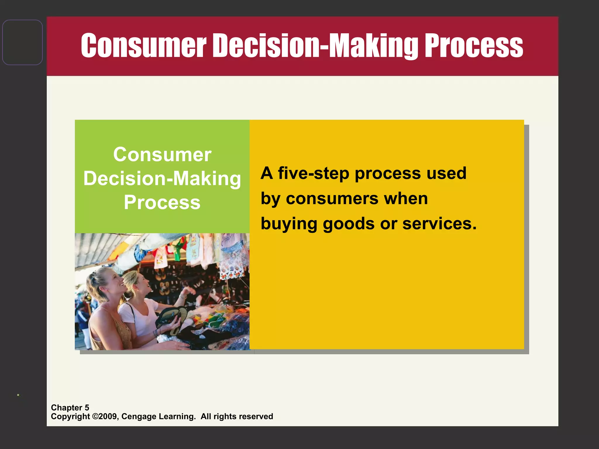Consumer Decision-Making Process Consumer Decision-Making Process A five-step process used  by consumers when  buying goods or services. 