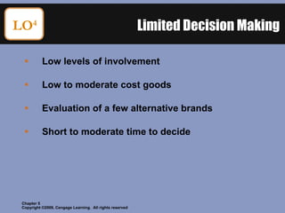 Limited Decision Making Low levels of involvement Low to moderate cost goods Evaluation of a few alternative brands Short to moderate time to decide LO 4 