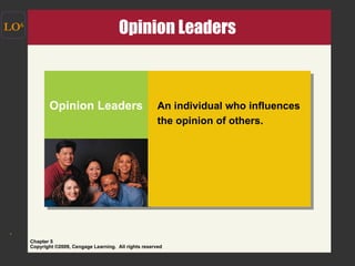Opinion Leaders  LO 6 An individual who influences  the opinion of others. Opinion Leaders 