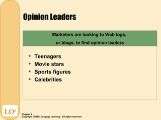 Opinion Leaders LO 6 Teenagers  Movie stars Sports figures Celebrities Marketers are looking to Web logs,  or blogs, to find opinion leaders 