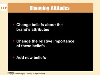 Changing  Attitudes  LO 8 Change beliefs about the  brand’s attributes Change the relative importance  of these beliefs Add new beliefs 