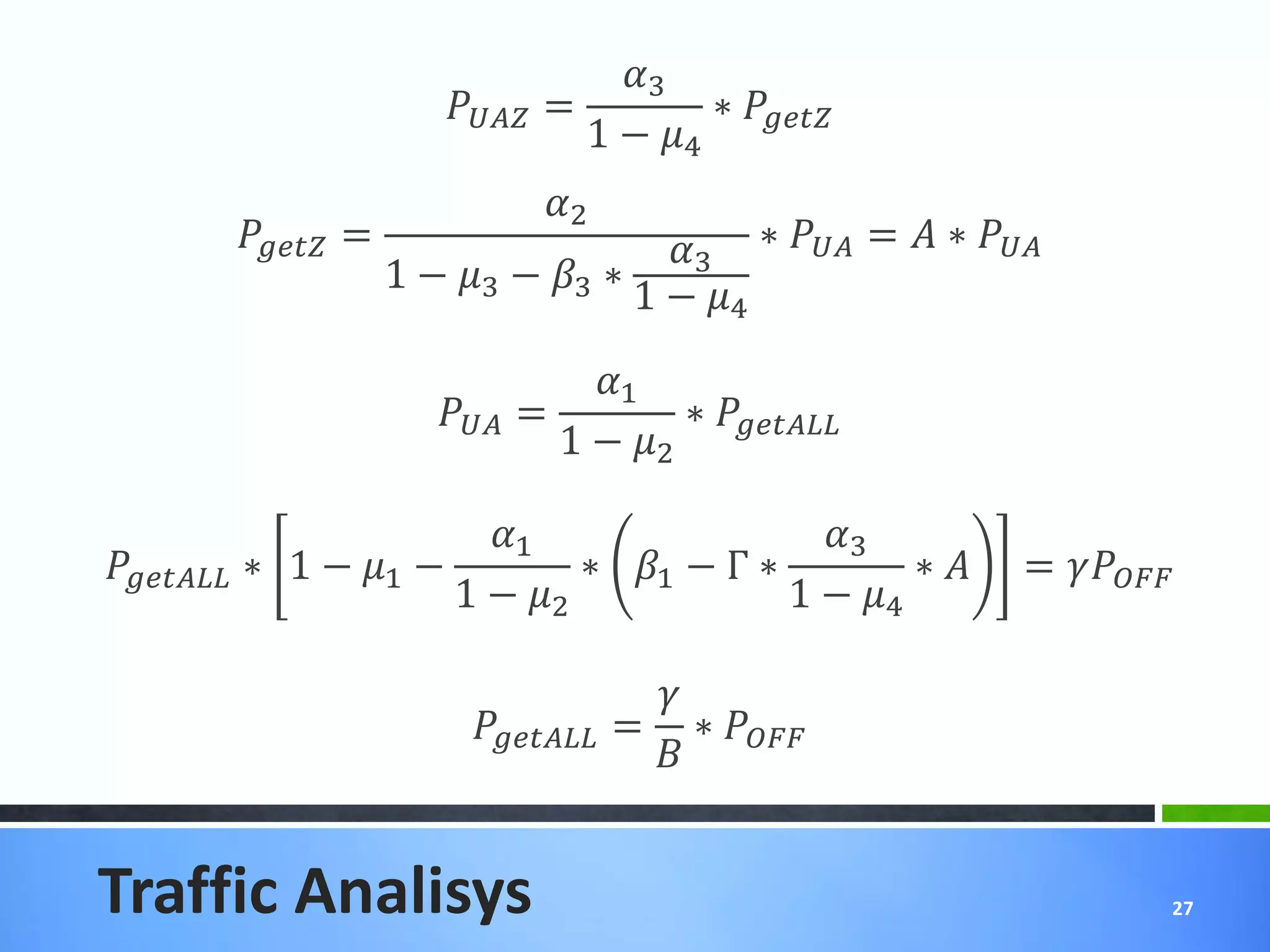 3
                              =         ∗ 
                                        1 − 4
                                      2
         =                     3 ∗  =  ∗ 
                       1 − 3 − 3 ∗
                                       1 − 4
                                       1
                             =         ∗ 
                                     1 − 2

                             1                 3
 ∗ 1 − 1 −         ∗ 1 − Γ ∗         ∗       = 
                           1 − 2             1 − 4

                                               
                                = ∗ 
                                               


Traffic Analisys                                                            27
 