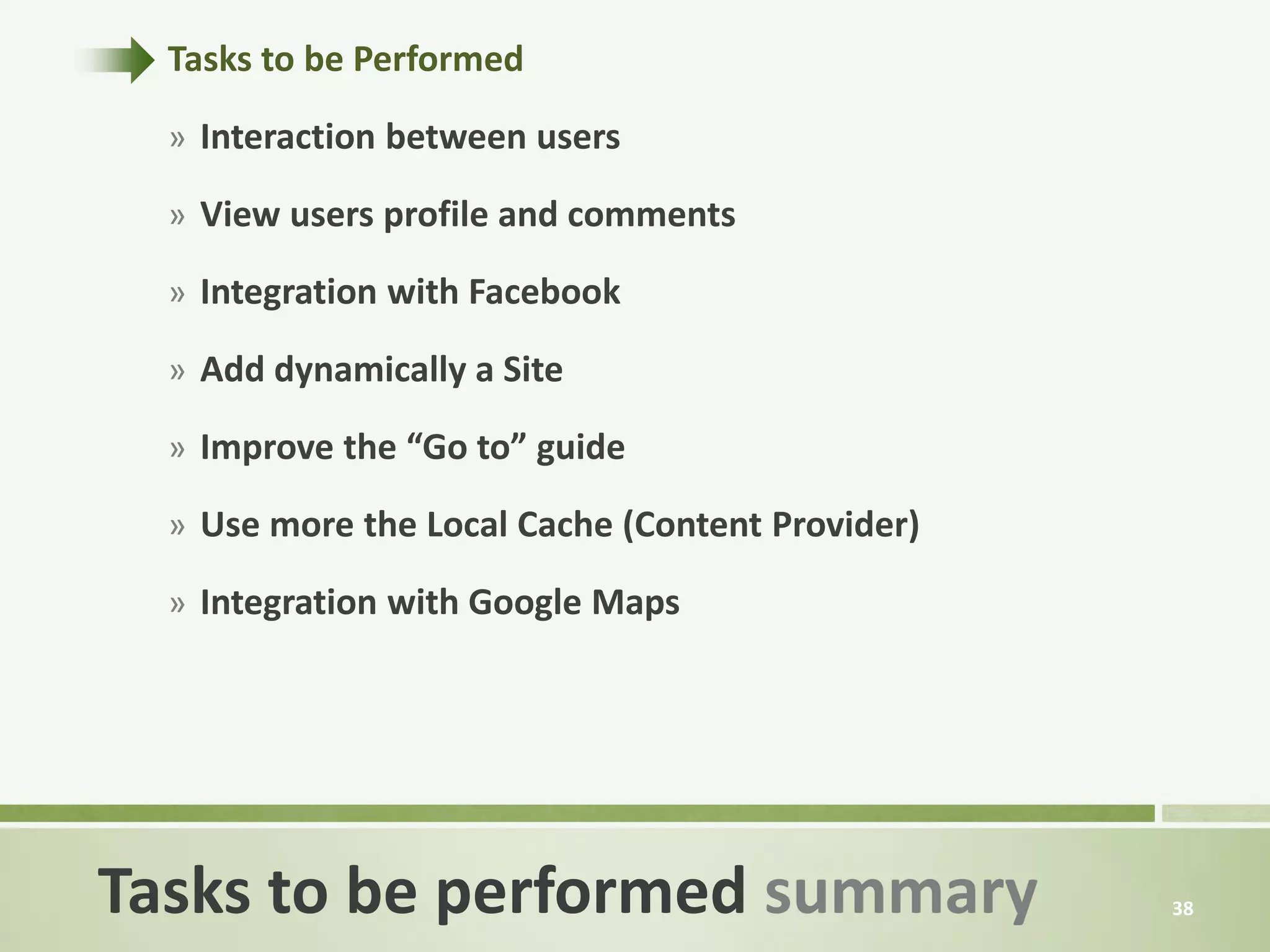 Tasks to be Performed

  » Interaction between users

  » View users profile and comments

  » Integration with Facebook

  » Add dynamically a Site

  » Improve the “Go to” guide

  » Use more the Local Cache (Content Provider)

  » Integration with Google Maps




Tasks to be performed summary                     38
 