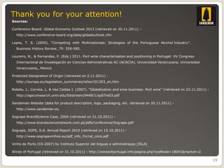 Thank you for your attention!
Sources:

Conference Board: Global Economic Outlook 2012 (retrieved on 30.11.2011) –
  http://www.conference-board.org/data/globaloutlook.cfm

Lopes, T. S. (2005). “Competing with Multinationals: Strategies of the Portuguese Alcohol Industry”.
  Business History Review, 79: 559-585.

Loureiro, N., & Fernandes, P. (Eds.) 2011. Port wine characterisation and positioning in Portugal: XV Congreso
  Internacional de Investigación en Ciencias Administrativas AC (ACACIA). Universidad Veracruzana. Universidad
  Veracruzana,, Mexico

Protected Designation of Origin (retrieved on 2.11.2011) -
  http://europa.eu/legislation_summaries/other/l21303_en.htm

Rebelo, J., Correia, L. & Vaz Caldas J. (2007). “Globalization and wine business: Port wine” (retrieved on 23.11.2011) -
  http://ageconsearch.umn.edu/bitstream/9448/1/sp07re03.pdf

Sandeman Website (data for product description, logo, packaging, etc. retrieved on 20.11.2011) -
  http://www.sandeman.eu

Sogrape BrandScience Case, 2004 (retrieved on 21.10.2011) -
  http://www.brandsciencenetwork.com.pt/pdfs/conference/Sogrape.pdf

Sogrape, SGPS, S.A. Annual Report 2010 (retrieved on 15.10.2011) -
  http://www.sograpevinhos.eu/pdf_info_fin/rel_cons.pdf

Vinho do Porto (03-2007) by Instituto Superior del linguas e administraçao (ISLA)

Wines of Portugal (retrieved on 31.10.2011) - http://winesofportugal.info/pagina.php?codNode=18091&market=2

                                                                                                                           19
 