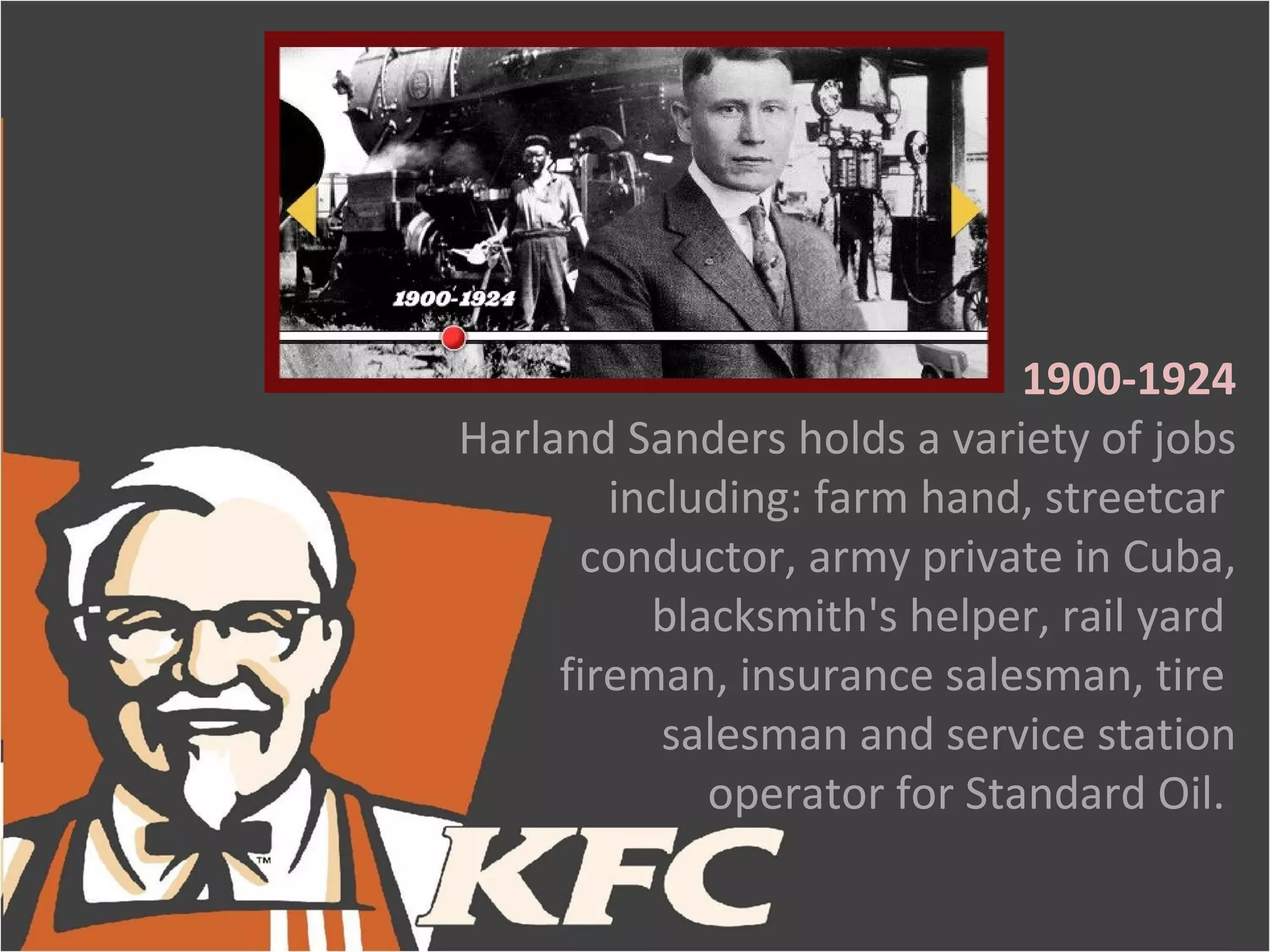 1900-1924
Harland Sanders holds a variety of jobs
        including: farm hand, streetcar
      conductor, army private in Cuba,
          blacksmith's helper, rail yard
     fireman, insurance salesman, tire
           salesman and service station
             operator for Standard Oil.
 