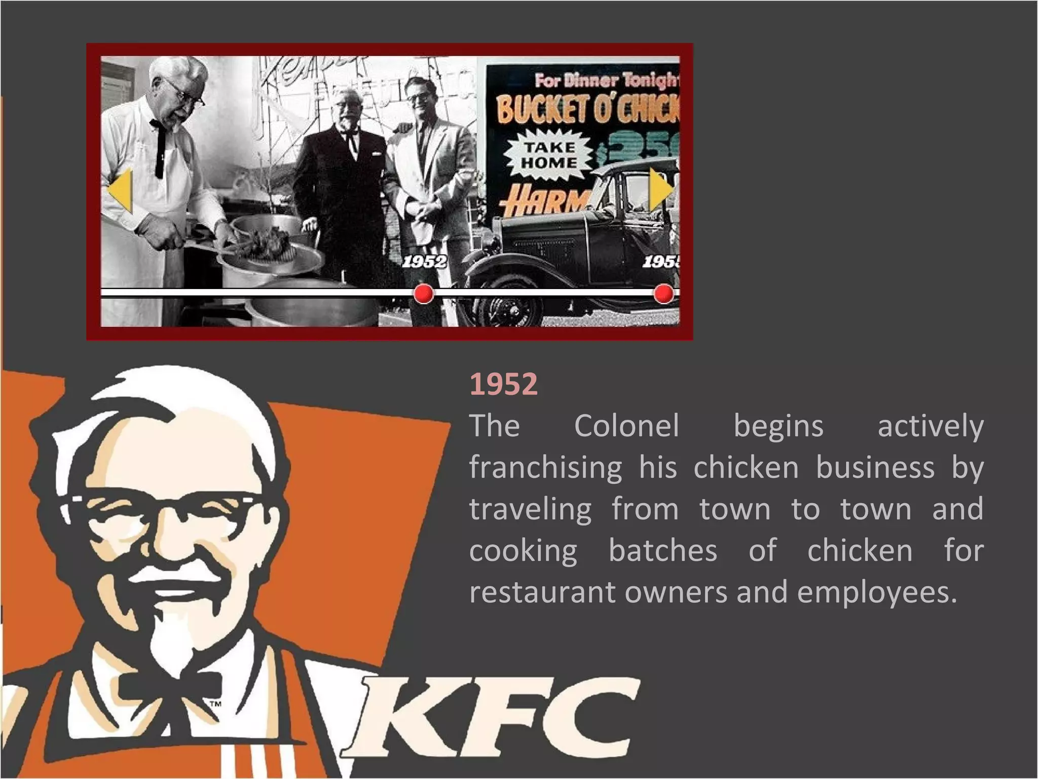 1952
The     Colonel    begins   actively
franchising his chicken business by
traveling from town to town and
cooking batches of chicken for
restaurant owners and employees.
 
