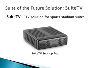 SuiteTV: IPTV solution for sports stadium suites




               SuiteTV Set-top Box
 